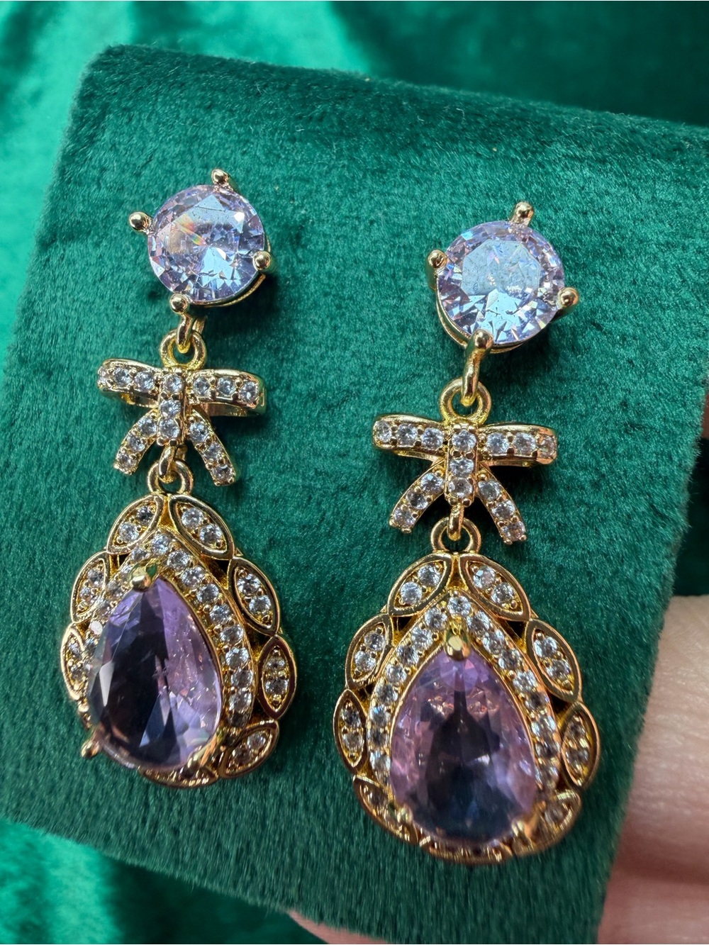 14K Gold Plated Purple Teardrop Crystal Drop Earrings